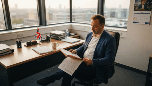 Turkish applicant reviews documents in UK office