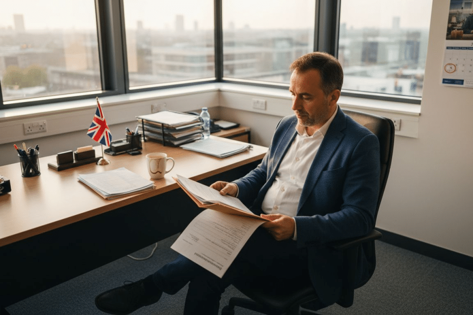 Turkish applicant reviews documents in UK office