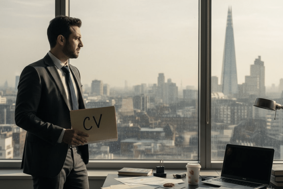 Turkish man with CV overlooking London skyline