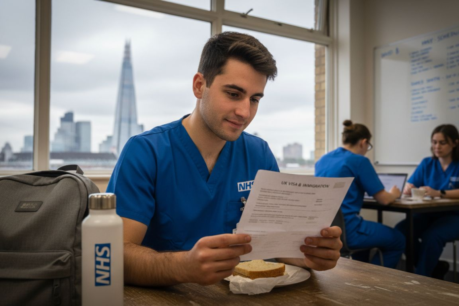 NHS nurse reading UK visa approval letter