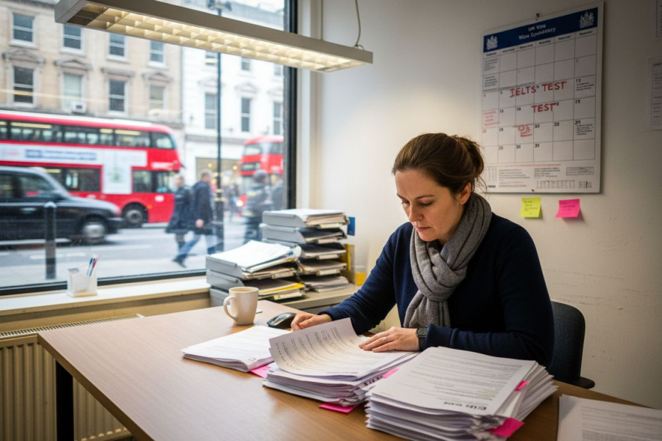Woman reviewing IELTS and UK visa documents