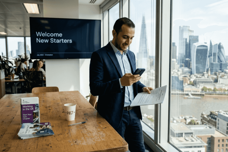 Turkish man holding contract in London office