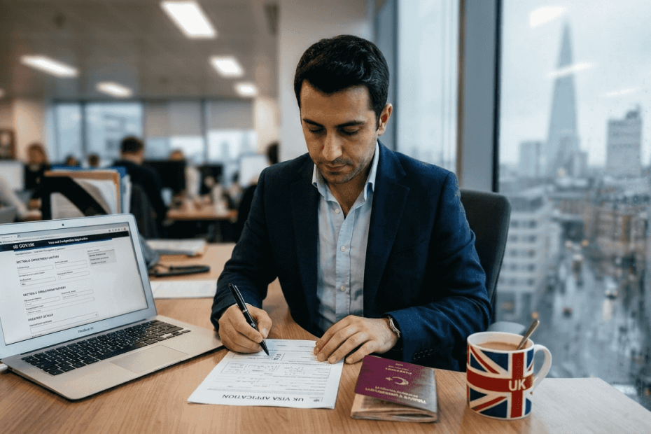 Turkish professional reviewing visa documents in London office