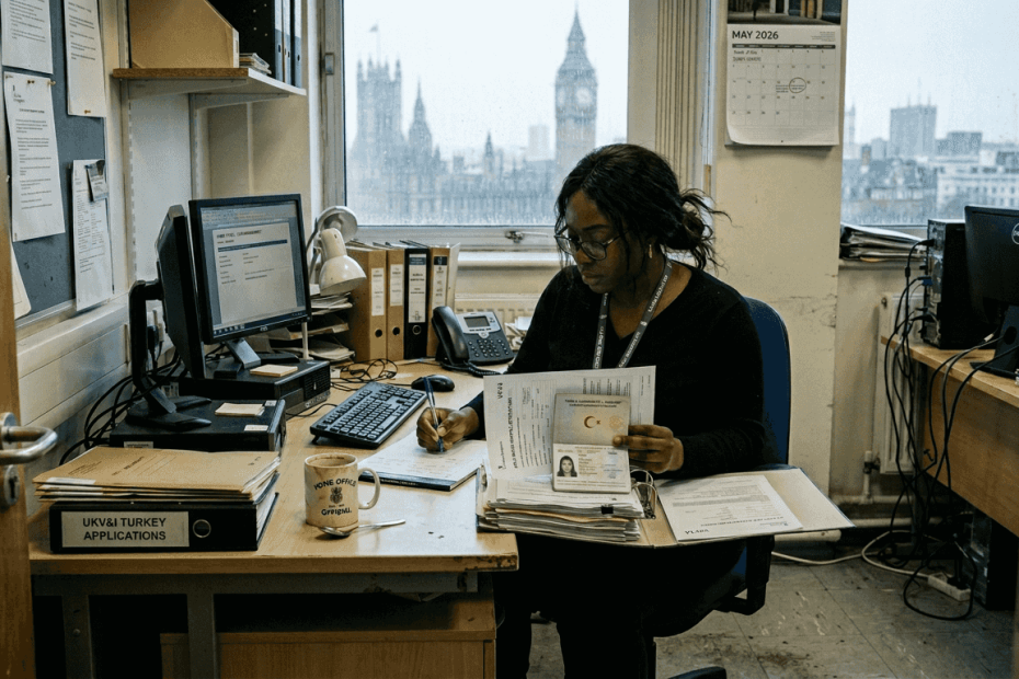 Home Office caseworker reviewing visa documents