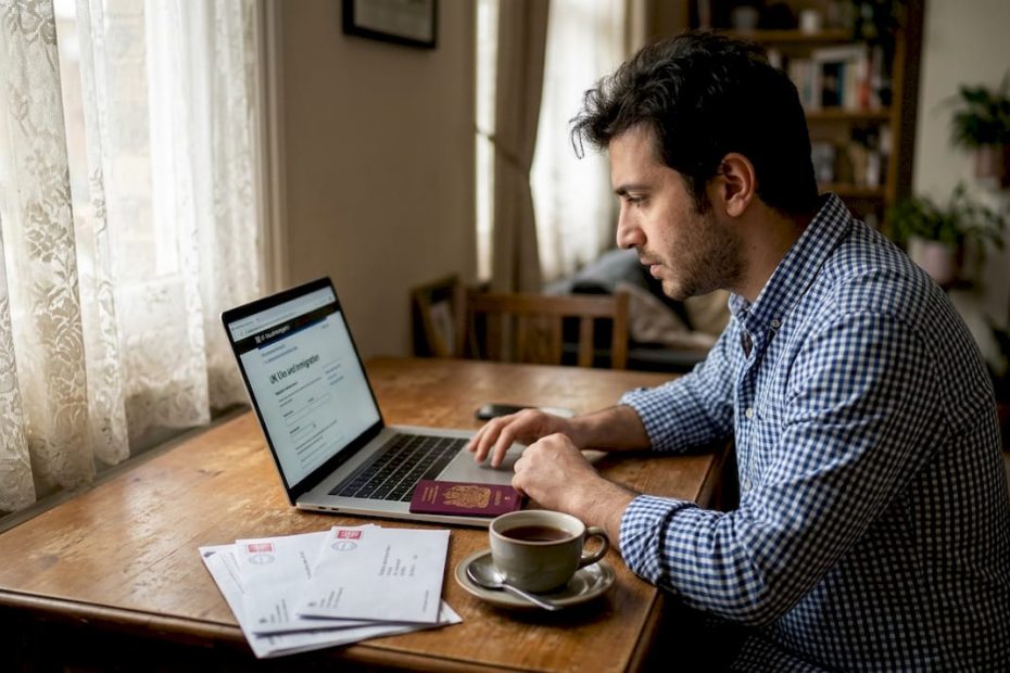 Turkish man completing UK visa application at table