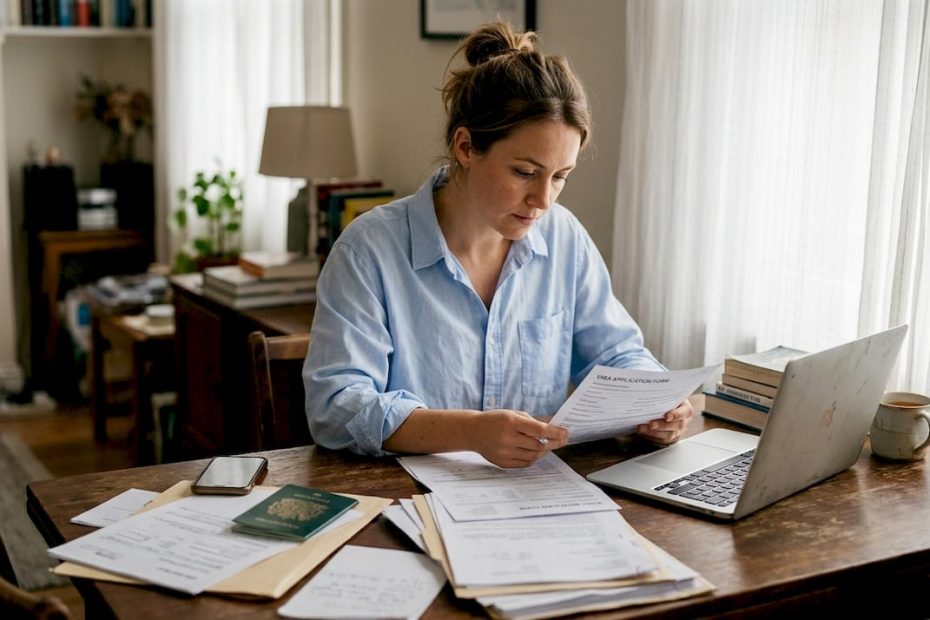Woman organizing UK visa documents at table
