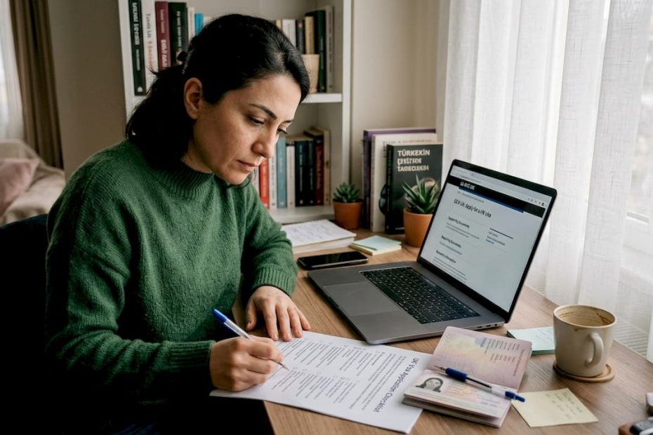 Person reviews UK visa paperwork at home desk
