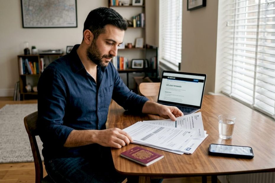 Turkish man reviews UK visa documents at home