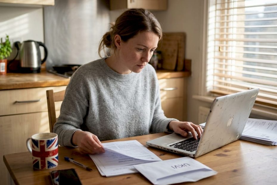 Applicant reviewing UK visa papers at kitchen table