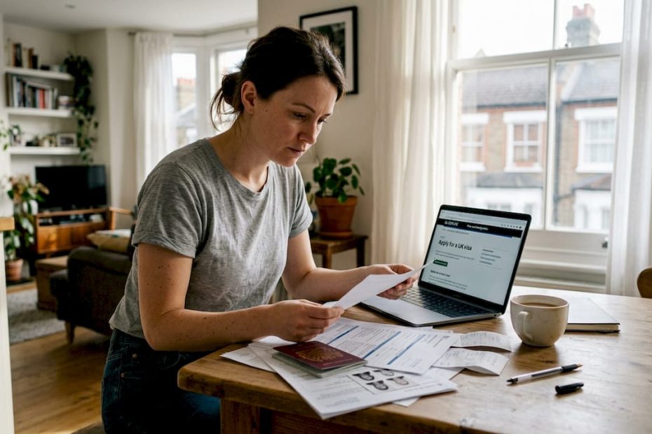 Woman reviewing UK visa documents at home