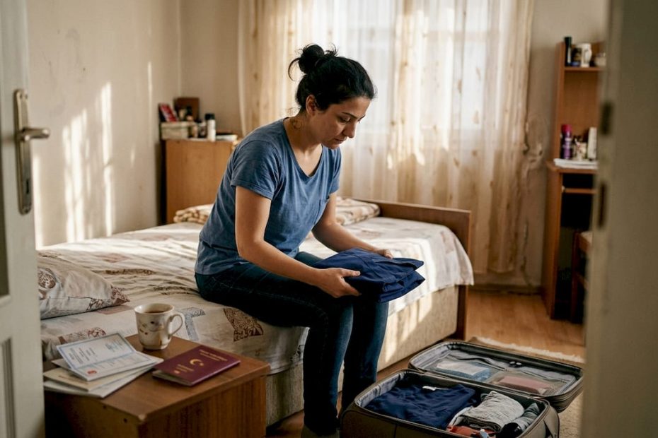 Turkish nurse packing suitcase in modest bedroom