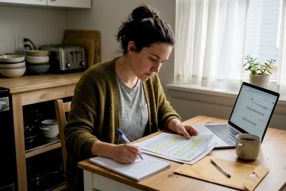 Woman prepares documents at kitchen table