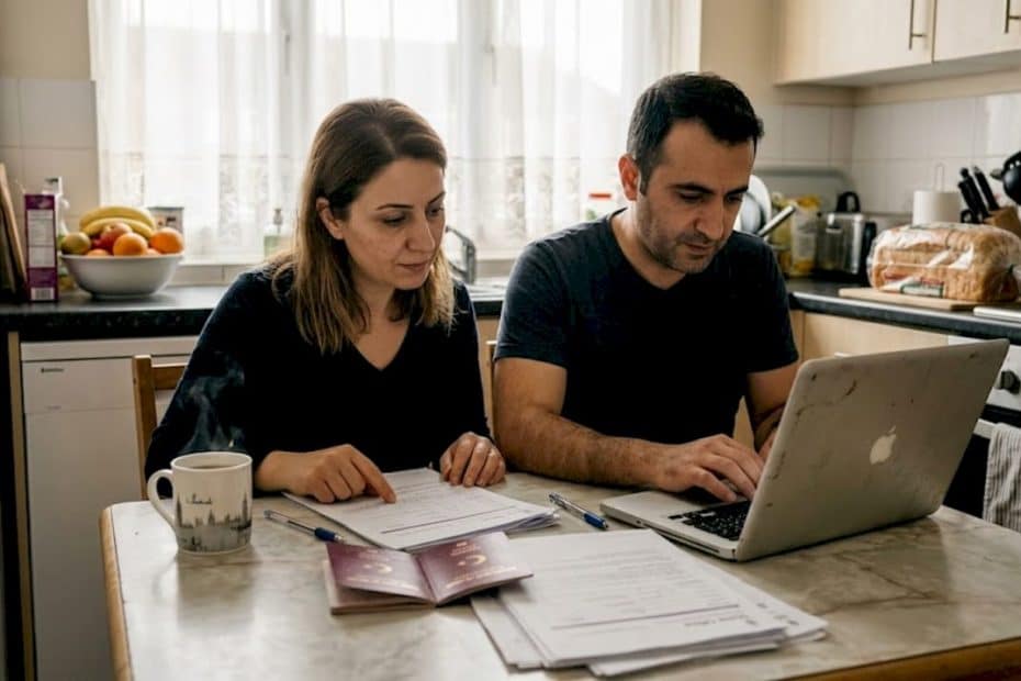 Turkish family filling UK visa forms at home
