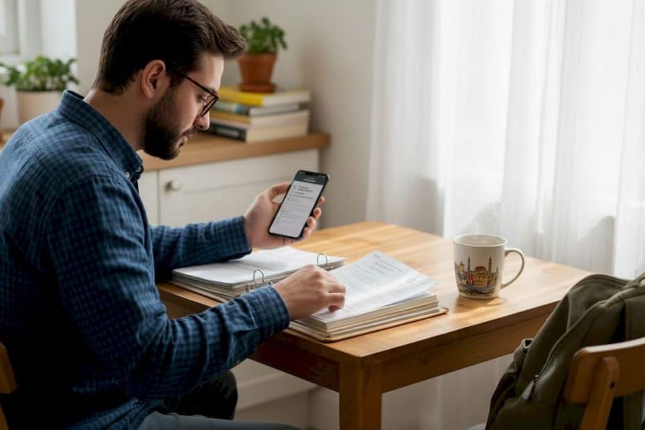 Turkish man preparing UK visa documents