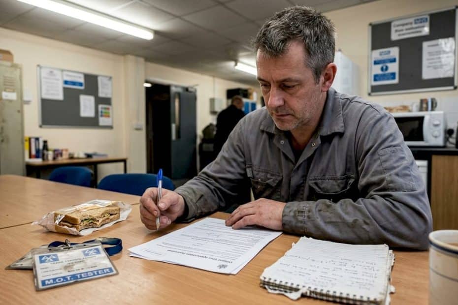 Mechanic reviewing paperwork in auto shop office