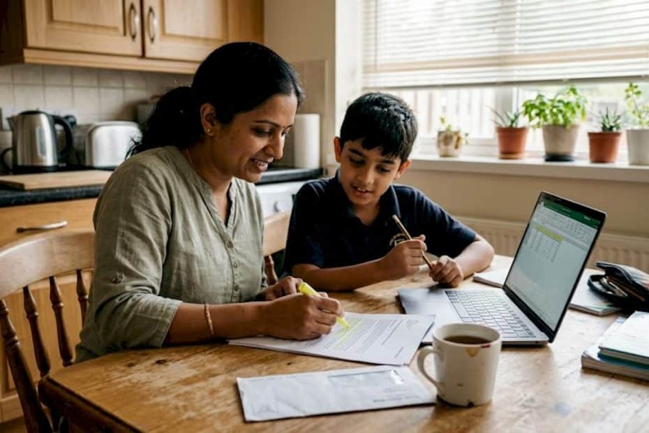Mother and son reviewing visa documents at home