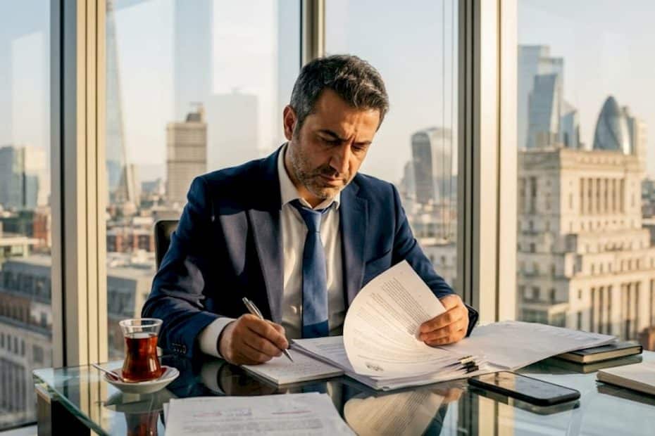 Turkish man reviews UK visa paperwork in office