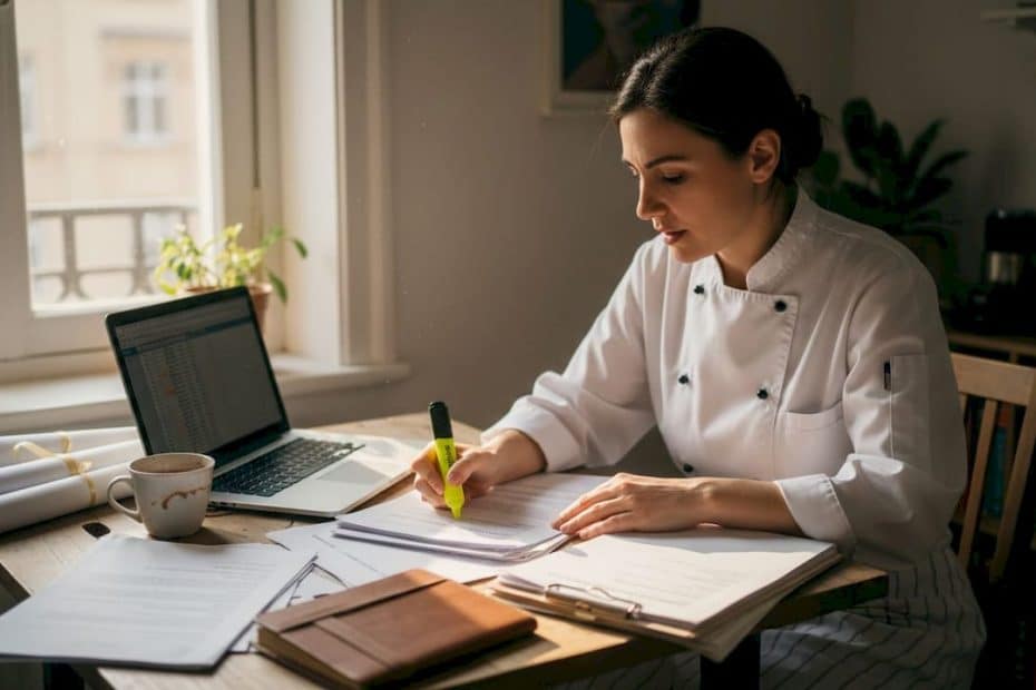Chef reviewing documents at kitchen table