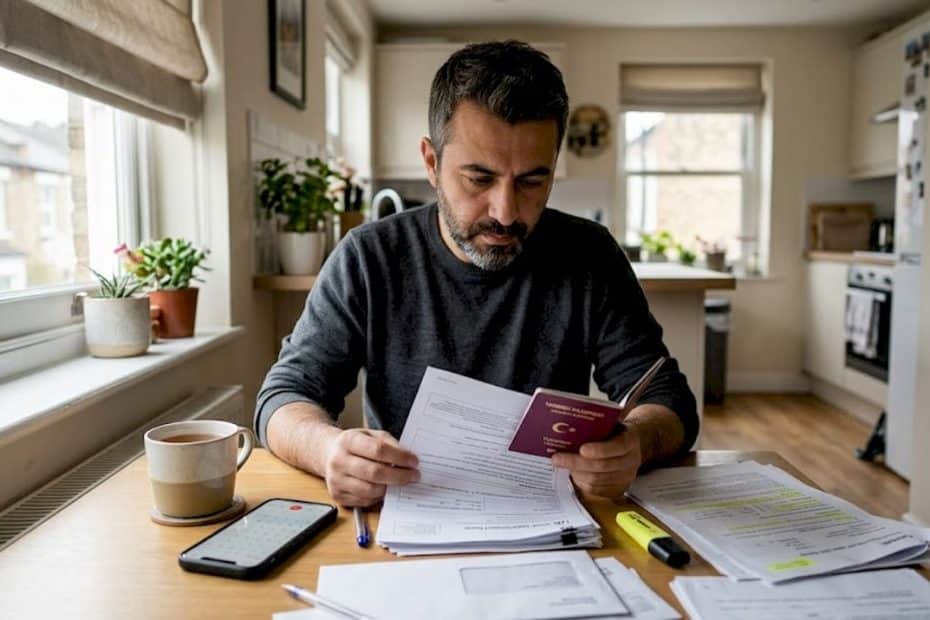 Man checking UK visa paperwork at home
