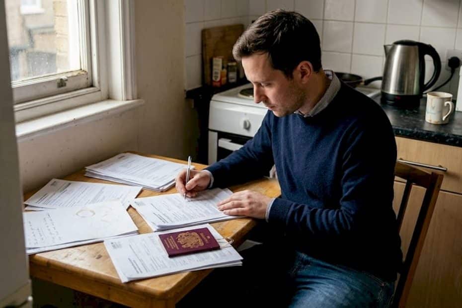 Man reviewing UK visa documents at kitchen table