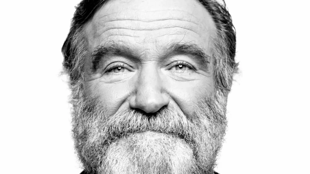 Robin Williams with long beard, black and white portrait photo before his suicide