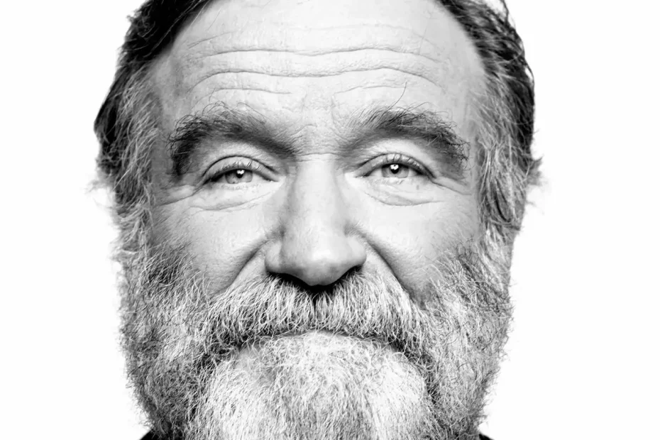 Robin Williams with long beard, black and white portrait photo before his suicide