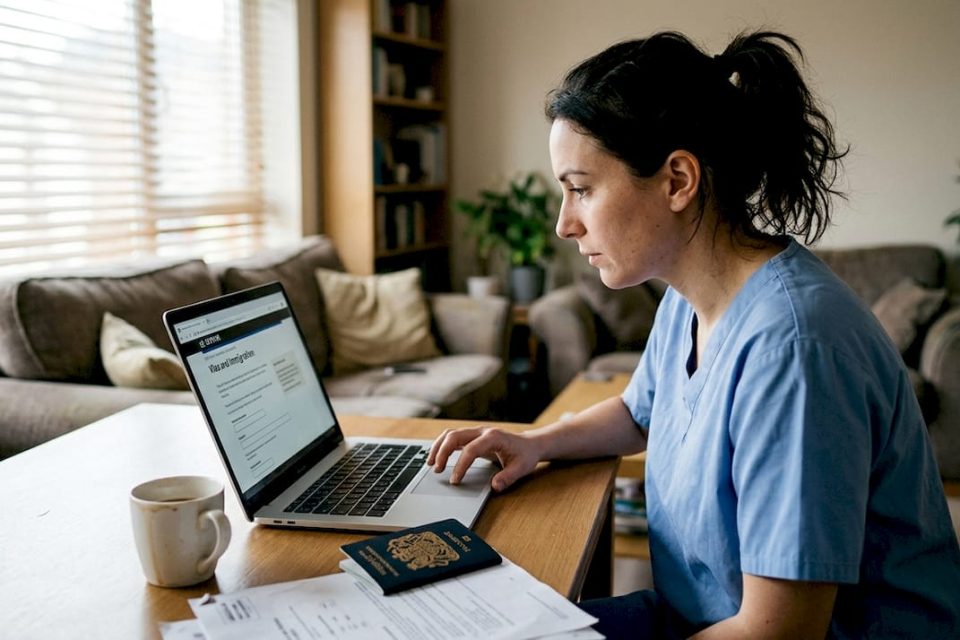 Nurse filling UK visa form at desk